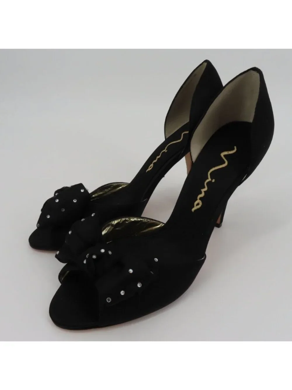 Nina Women 9.5 M Black Satin Fabric Bow Rhinestone Peep Toe Dorsay Heels Shoes